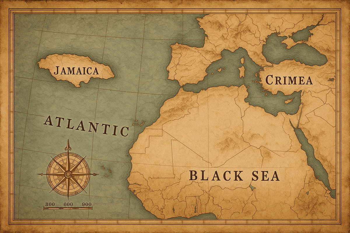 Historical map showing Jamaica and Crimea, highlighting Mary Seacole's journey